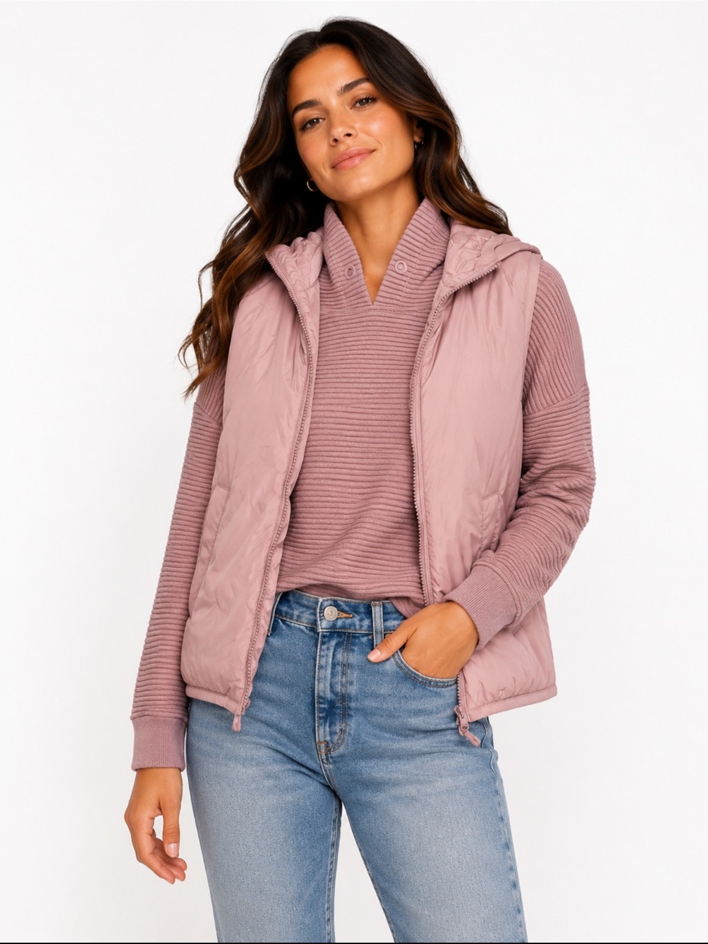 Women's Dusty Pink Hooded Puffer Vest & Knit Sweater Set